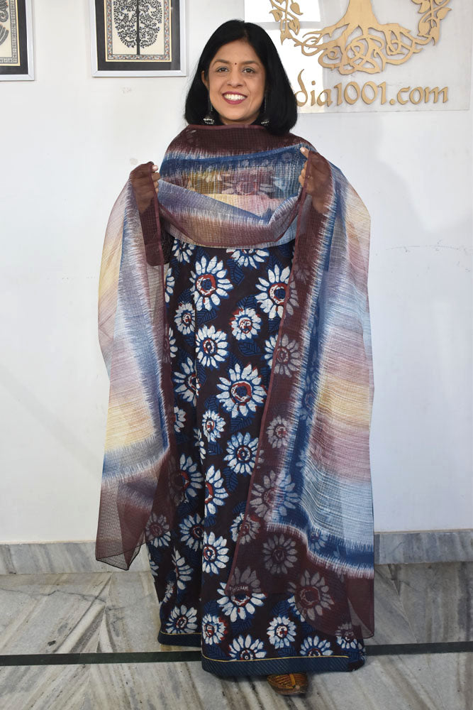 Beautiful Cotton Unstitched Suit with Jahota Block print Brush Paint Kota doria dupatta