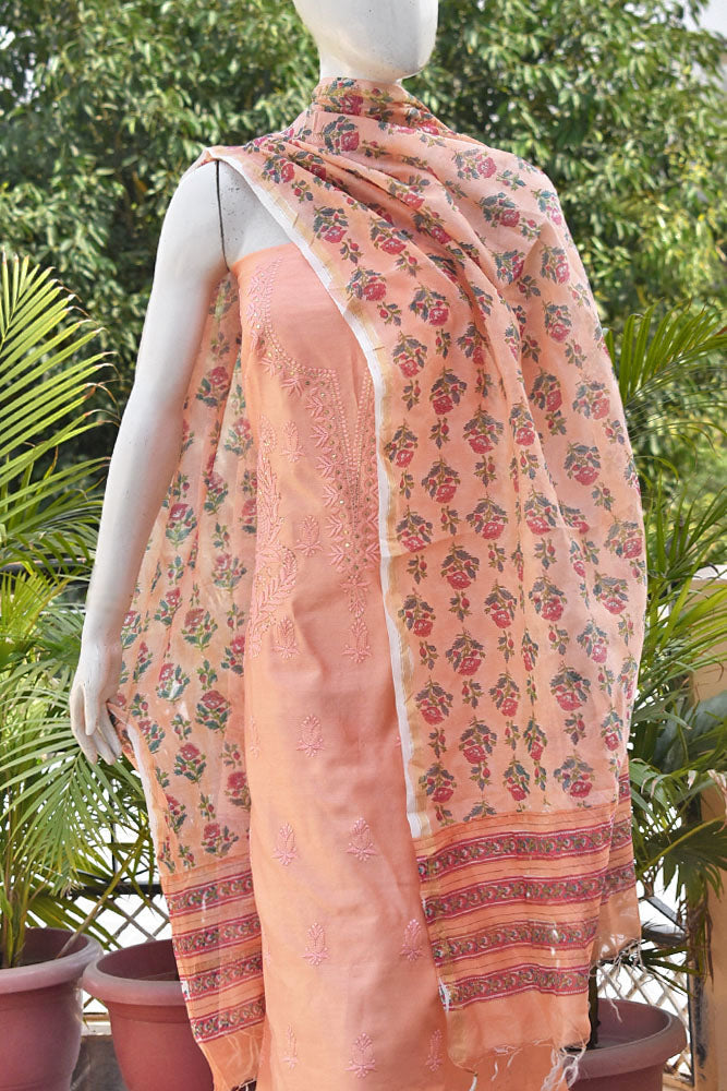 Beautiful Sanganer Block Print Chanderi dupatta with Chanderi Chikankari & Muqaish Work Kurta