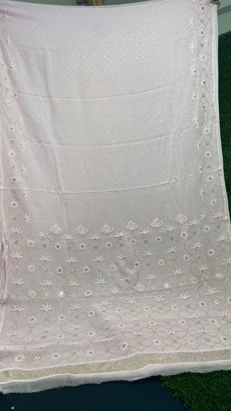 Very Beautiful Soft Viscose Georgette saree with Intricate Hand Chikankari & Muqaish work (with blouse piece in the same fabric)