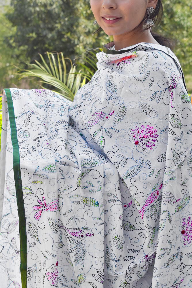 Beautiful Hand Embroidered Kantha Work Mul cotton Dupatta