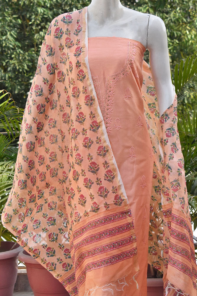 Beautiful Sanganer Block Print Chanderi dupatta with Chanderi Chikankari & Muqaish Work Kurta