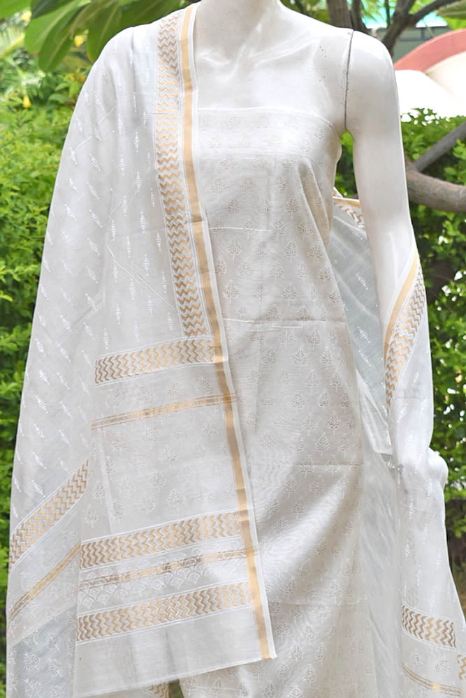 Elegant Khadi (gold) Hand Block Printed Chanderi unstitched suit fabric