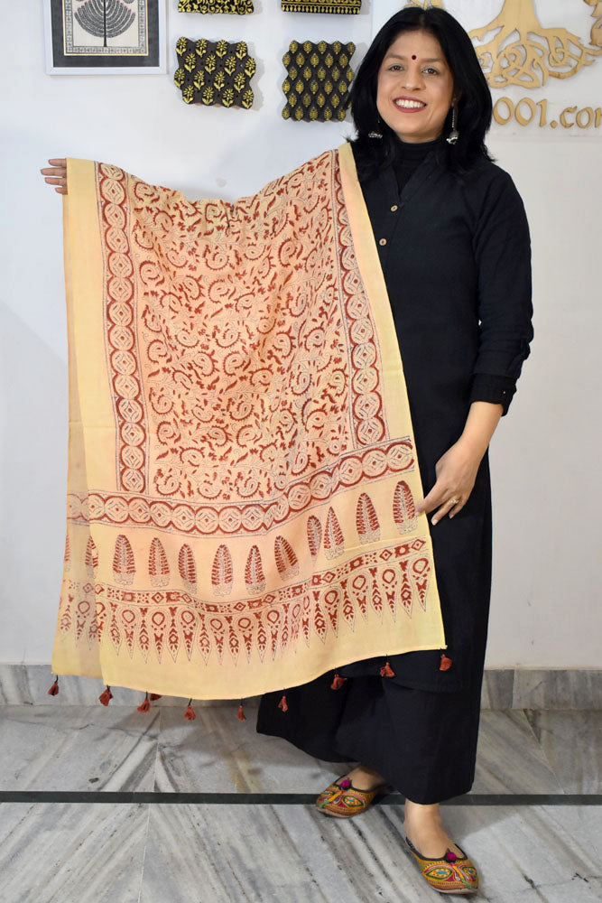 Hand woven Ajrakh Kutch Merino Wool Stole with Tassels