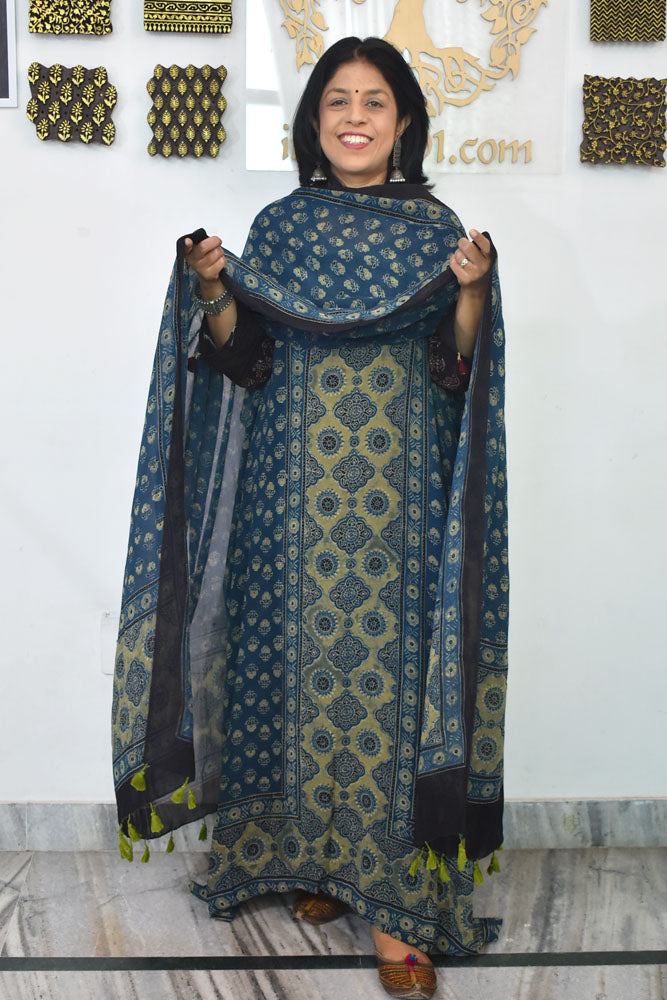 Ajrakh Hand Block Print Georgette Dupatta & Georgette Kurta Fabric