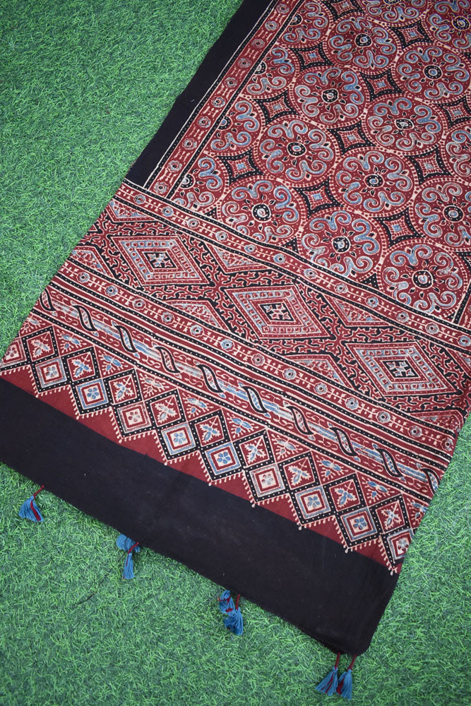 Ajrakh Hand Block Printed Khadi Cotton Stole with Tassels & natural dyes