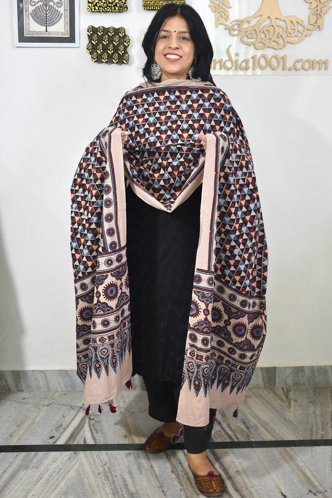 Ajrakh Hand Block Printed Cotton Dupatta with Tassels & natural dyes