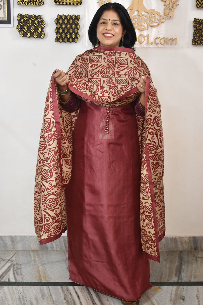 Semi Stitched Block Printed Tussar Silk Dupatta  & Tussar Kurta Fabric
