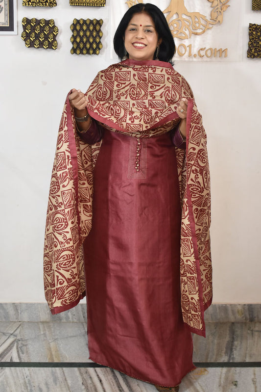 Semi Stitched Block Printed Tussar Silk Dupatta  & Tussar Kurta Fabric