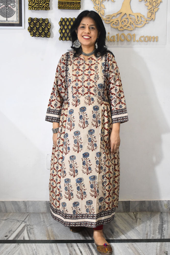 Designer Hand Block Printed Ajrakh cotton Kurta / Dress - Size 38 to 44 ( all sizes)