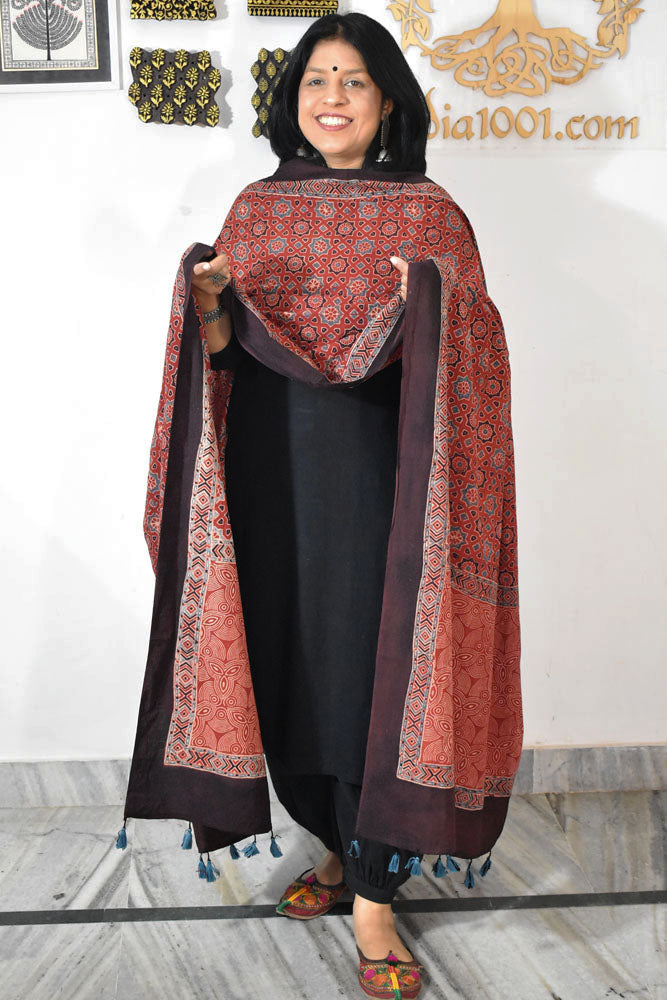 Ajrakh Hand Block Printed Cotton Dupatta with Tassels & natural dyes