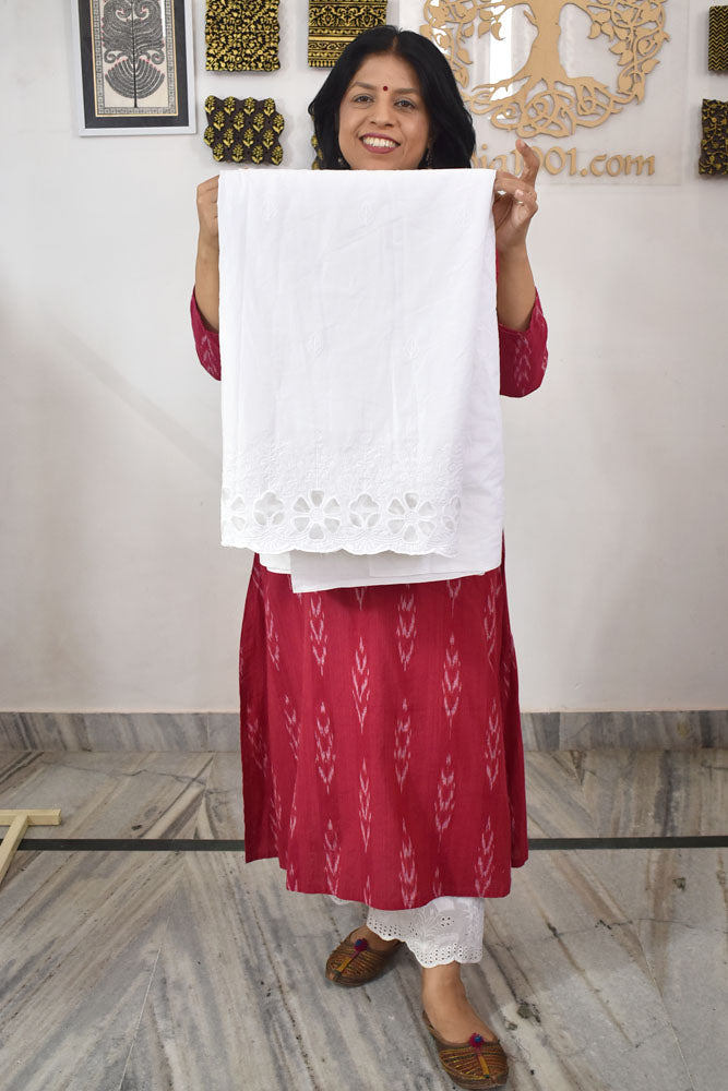 Beautiful cotton ( bottom) fabric with cut work & embroidery - 2.5 mtrs - color White - dyeable