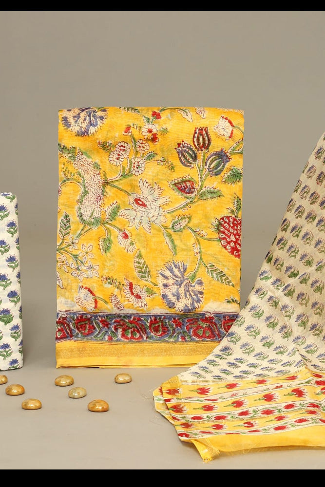 Beautiful Hand Block Printed Chanderi unstitched suit fabric