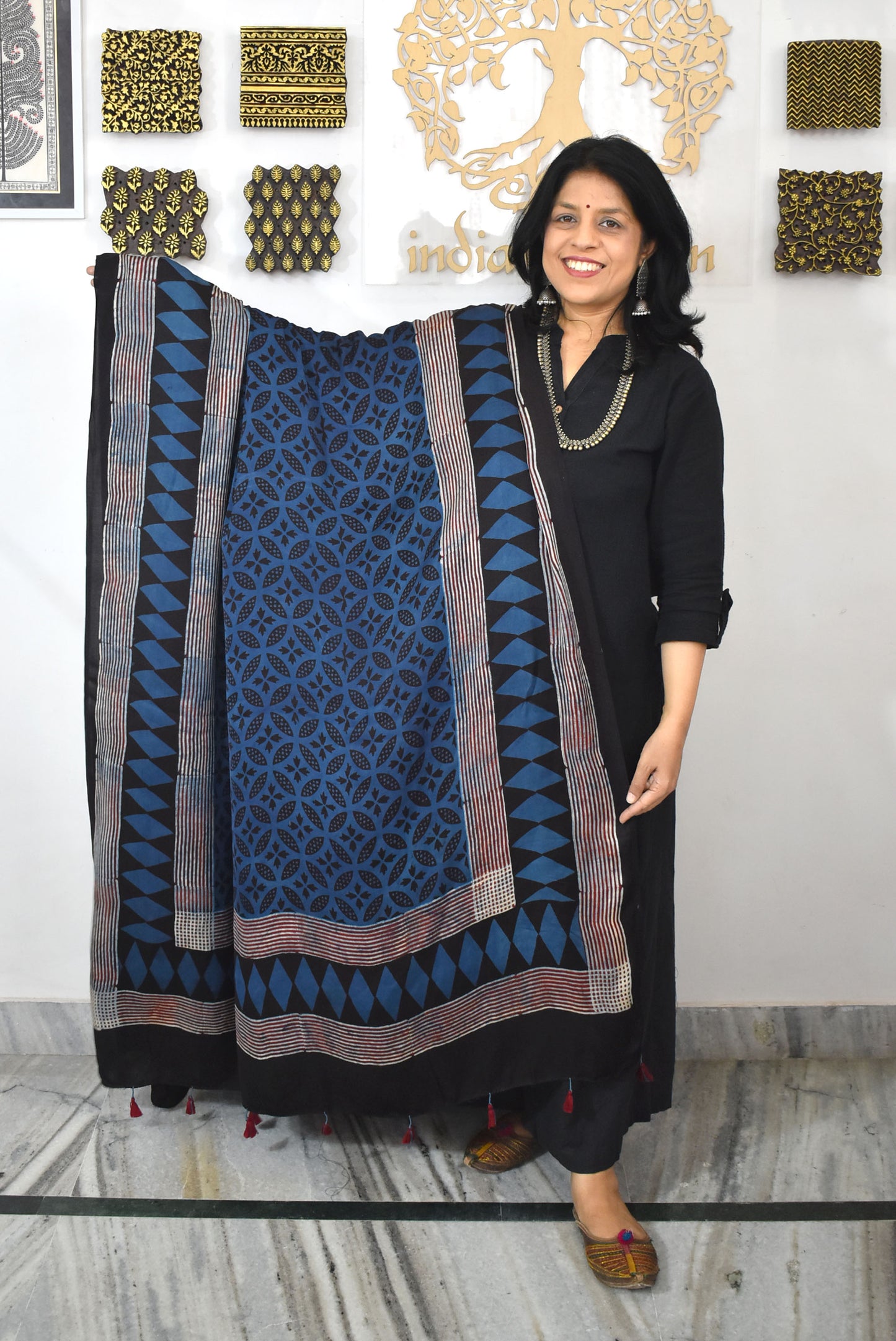Designer Modal Silk Ajrakh Block Print Dupatta with tassels