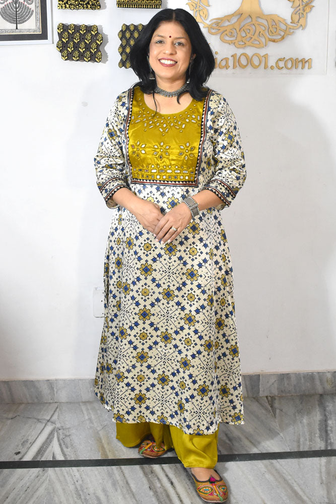 Beautiful Mashru Silk Kurta with Ajrakh block print & Kutch mirror work - Size 38 - 48