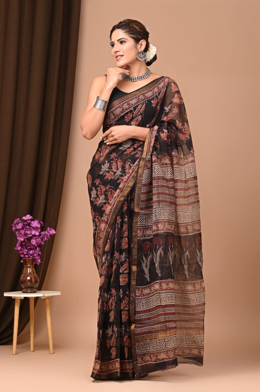 Beautiful Hand Block Printed Kota cotton Saree with zari border
