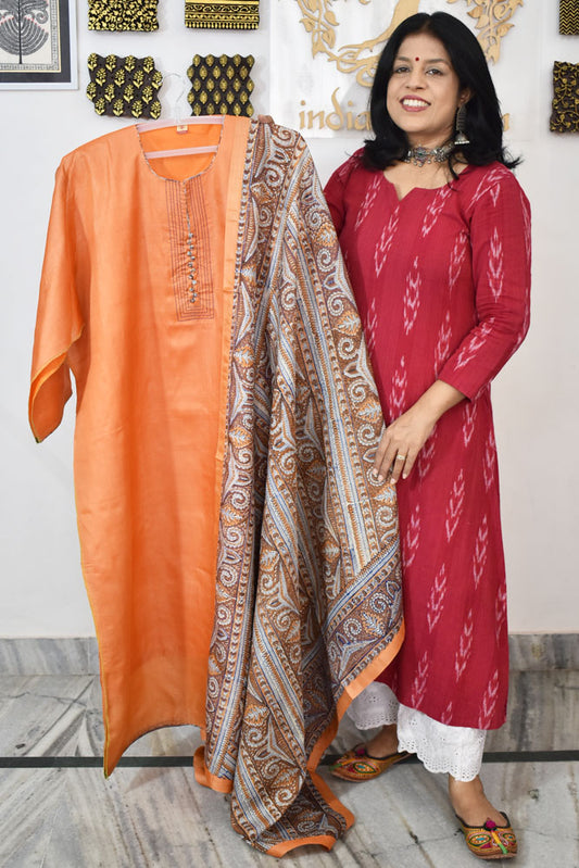 Semi Stitched Block Printed Tussar Silk Dupatta  & Tussar Kurta Fabric