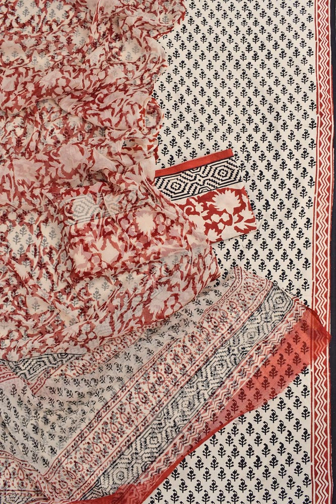 Hand Block Printed Bagru Cotton unstitched suit fabric with Chiffon dupatta