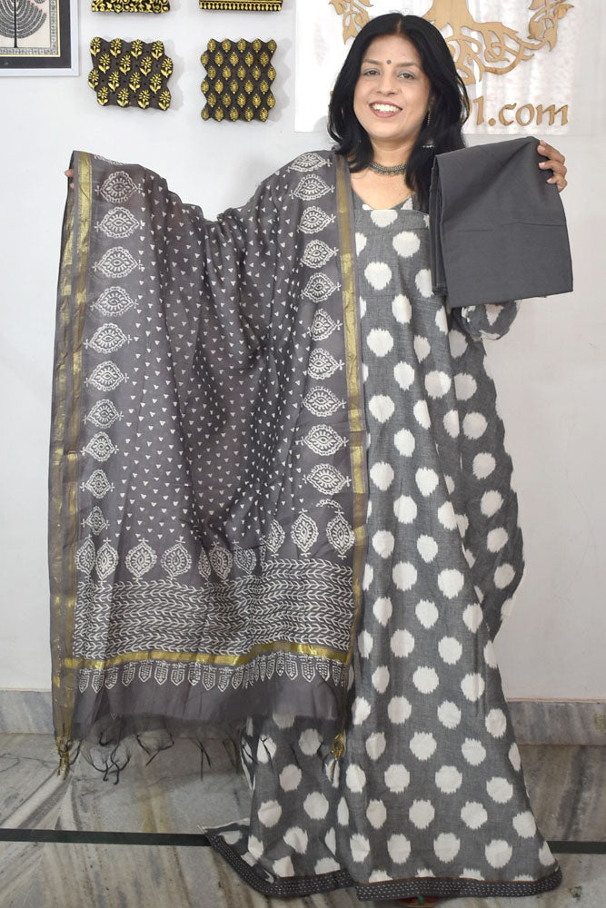 Handwoven Pochampally Cotton kurta with Chanderi Dupatta & Cotton Bottom - 3 pc set