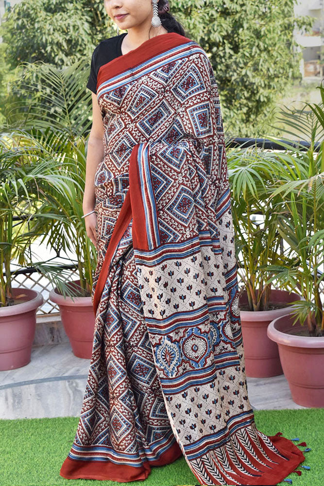 Elegant Hand Block Printed Ajrakh Modal Silk Saree with tassels