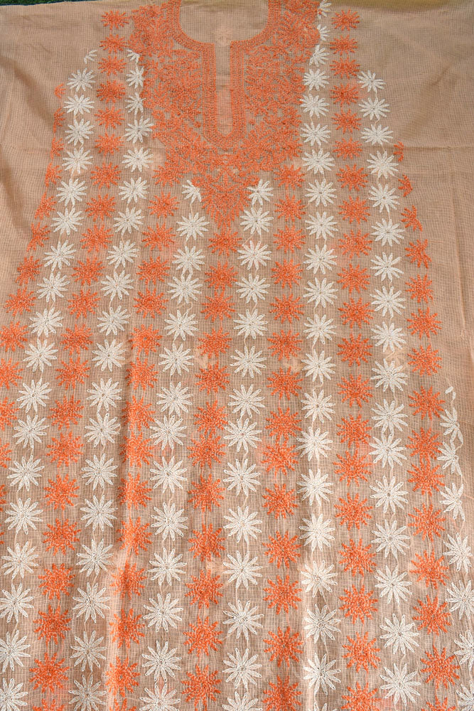 Designer Hand Embroidered Chikankari Tepchi work Kota Doria fabric - (3 - 3.1 mtrs )