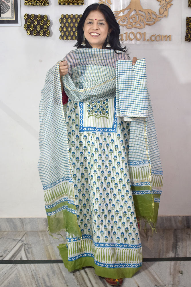 Designer Hand Block Print Cotton suit with Chanderi dupatta