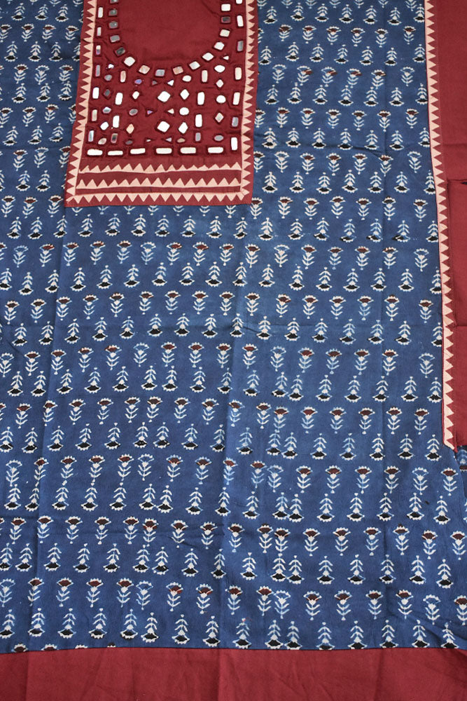 Designer Ajrakh Cotton Short Kurta Fabric with Kutch Mirror Work patch