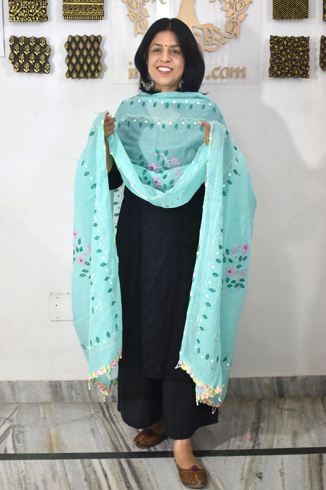 Handcrafted Phool Patti Applique & Hand Crochet work Kota cotton dupatta
