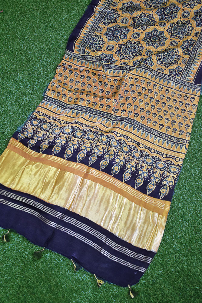 Beautiful Ajrakh Modal Silk Hand block Printed Stole with lagdi patta