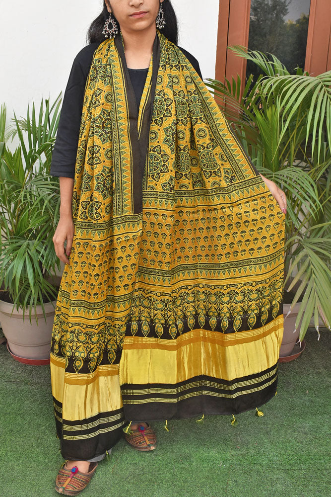 Beautiful Ajrakh Modal Silk Hand block Printed Stole with lagdi patta