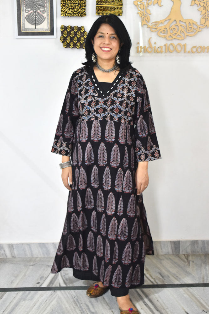 Beautiful Hand Block Printed Ajrakh Cotton kurta with Kutch Mirror work , Size 40 to 46