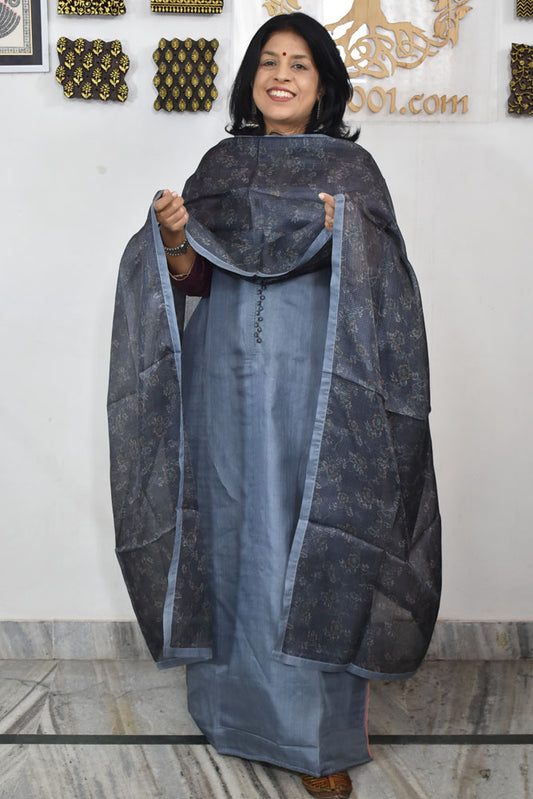 Semi Stitched Block Printed Tussar Silk Dupatta  & Tussar Kurta Fabric