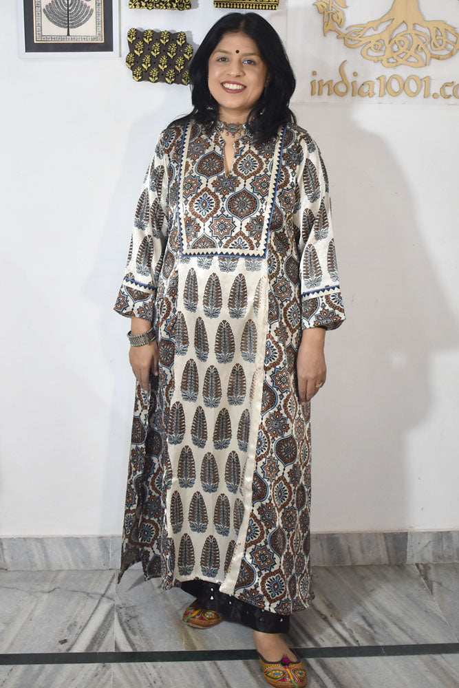 Beautiful Mashru Silk Kurta with Ajrakh block print - Size 40 - 48