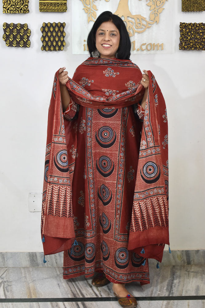 Designer Ajrakh Cotton kurta with  panel design & Mirror work & Cotton dupatta - 3 piece set