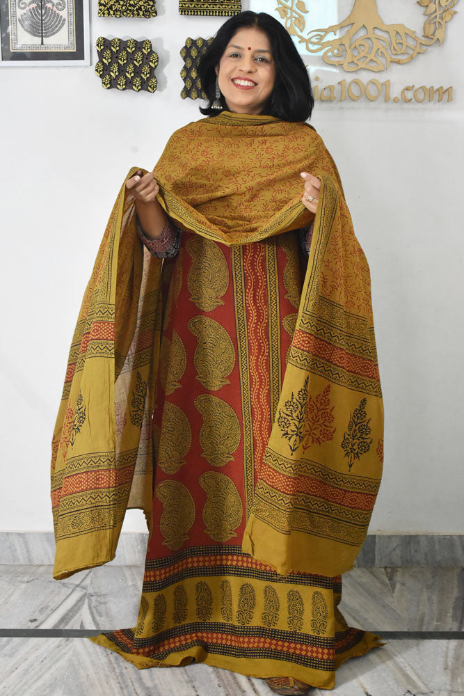 Bagh Hand Block Printed unstitched 3 pc Cotton suit fabric with Placement block print from MP