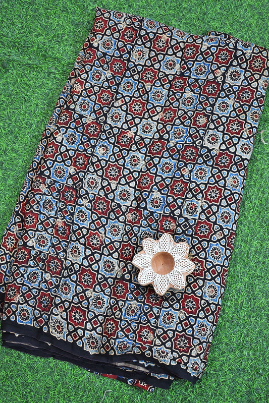 Beautiful Ajrakh Dola Silk Hand Block Print Fabric - 3 mtrs cut