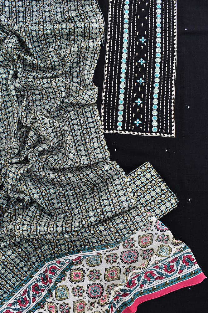 Premium Cotton Unstitched Suit with Ajrakh patch, Intricate Hand Embroidery & barmer Ajrakh dupatta