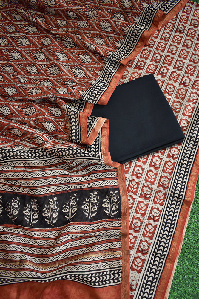 Elegant Hand Block Printed Maheshwari Unstitched suit fabric