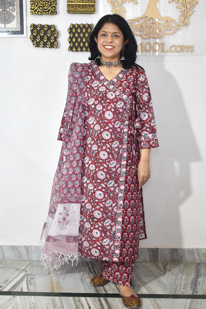 Hand Block Printed Cotton suit with Hand Embroidery - Kurta , Kota Dupatta & Pant - size 38, 40, 42, 44, 46