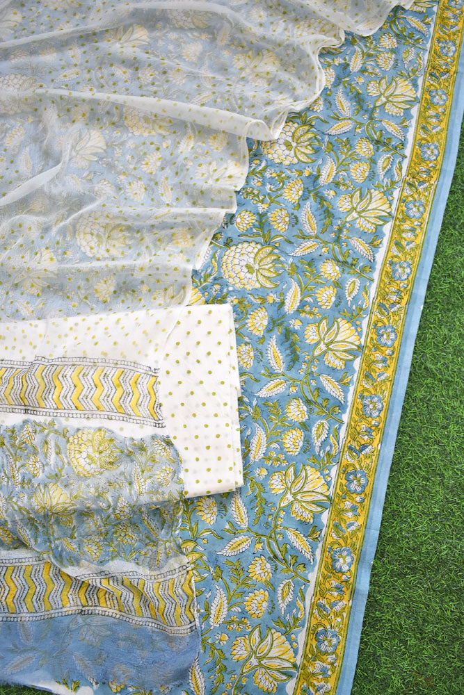 Hand Block Printed Cotton unstitched suit fabric with Chiffon dupatta