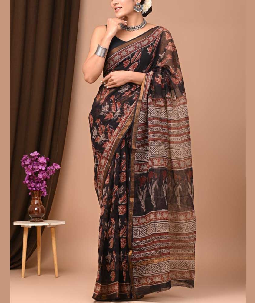 Beautiful Hand Block Printed Kota cotton Saree with zari border