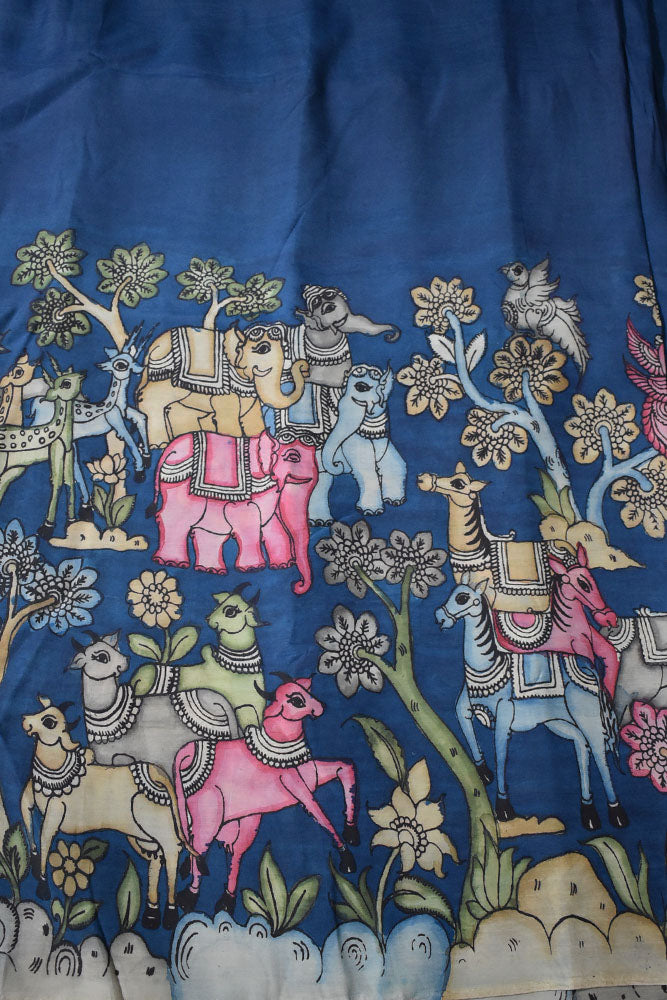 Beautiful Hand Painted Pen Kalamkari  Bangalore Silk Fabric - 2.5 mtrs cut