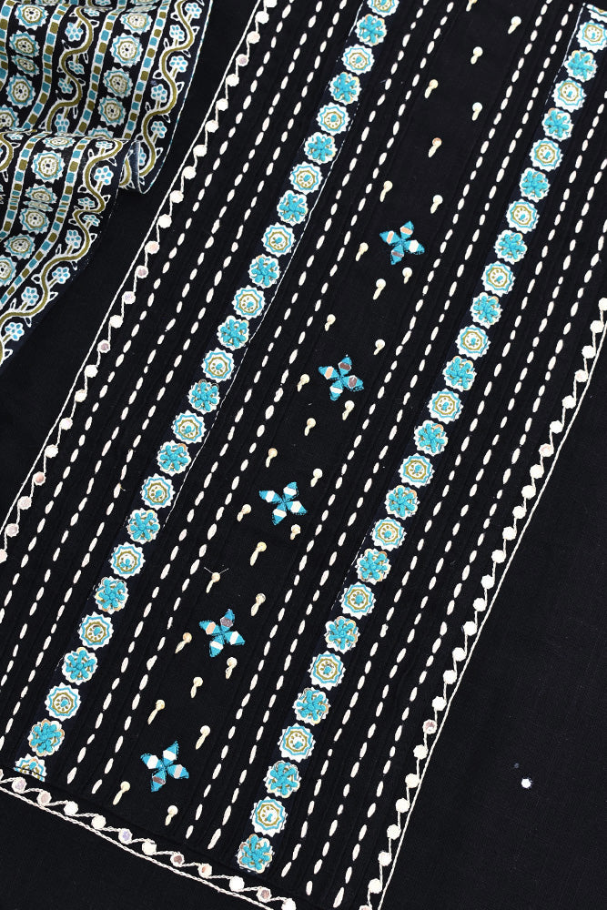 Premium Cotton Unstitched Suit with Ajrakh patch, Intricate Hand Embroidery & barmer Ajrakh dupatta
