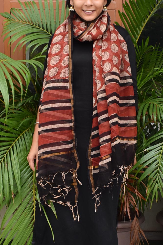 Hand Block Printed Kota Cotton Dupatta with zari border