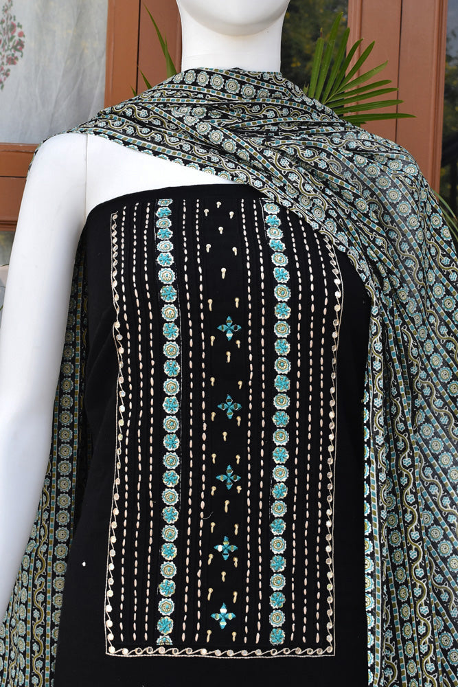 Premium Cotton Unstitched Suit with Ajrakh patch, Intricate Hand Embroidery & barmer Ajrakh dupatta