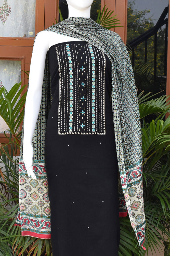 Premium Cotton Unstitched Suit with Ajrakh patch, Intricate Hand Embroidery & barmer Ajrakh dupatta