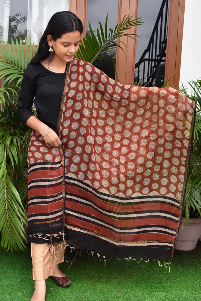 Hand Block Printed Kota Cotton Dupatta with zari border