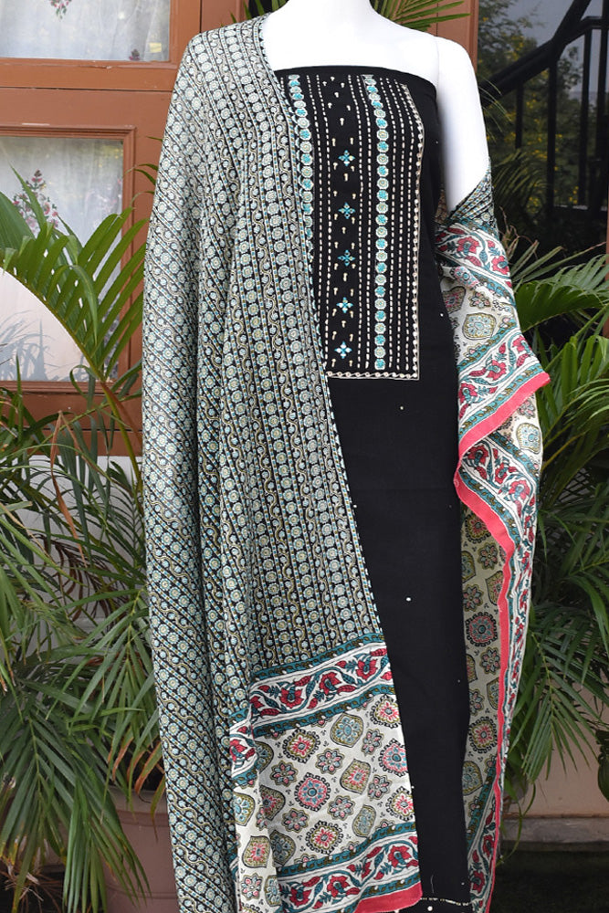 Premium Cotton Unstitched Suit with Ajrakh patch, Intricate Hand Embroidery & barmer Ajrakh dupatta