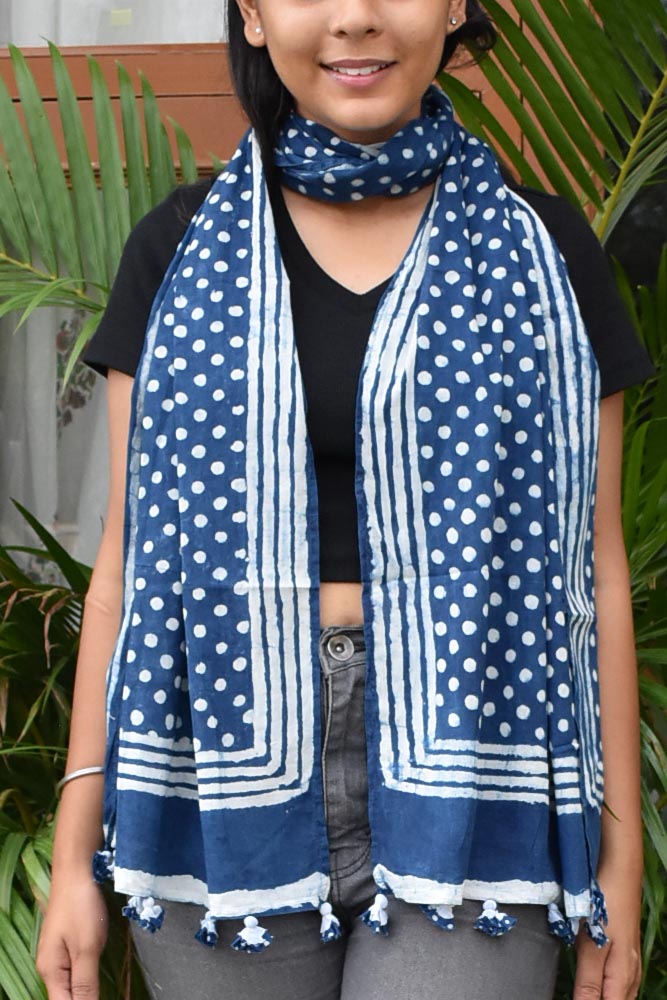 Elegant Hand block printed Cotton stole with cloth tassels