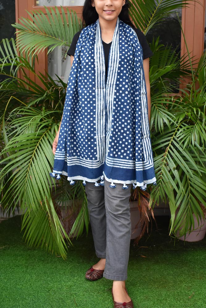 Elegant Hand block printed Cotton stole with cloth tassels