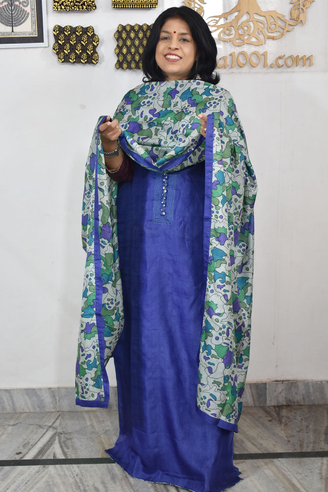 Semi Stitched Block Printed Tussar Silk Dupatta  & Tussar Kurta Fabric